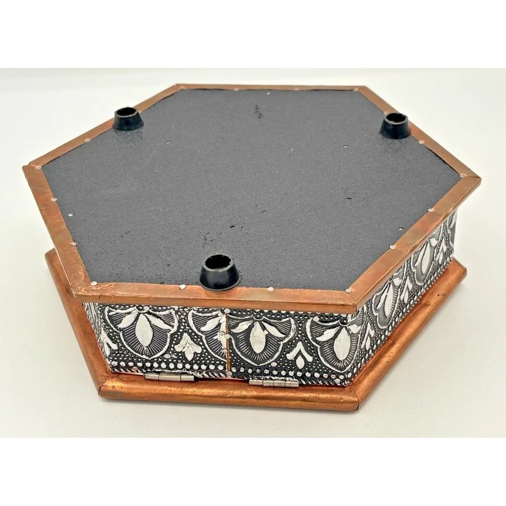 Vintage Embossed Silver Copper & Metal Hexagonal Trinket Box 4‎ Compartment